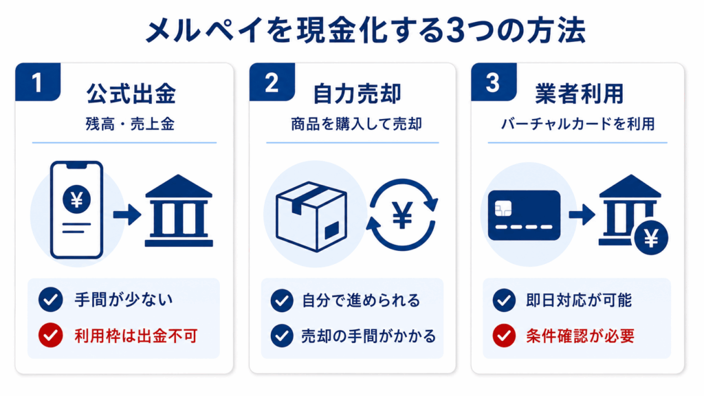 メルペイ現金化における公式出金・自力売却・業者利用の違い